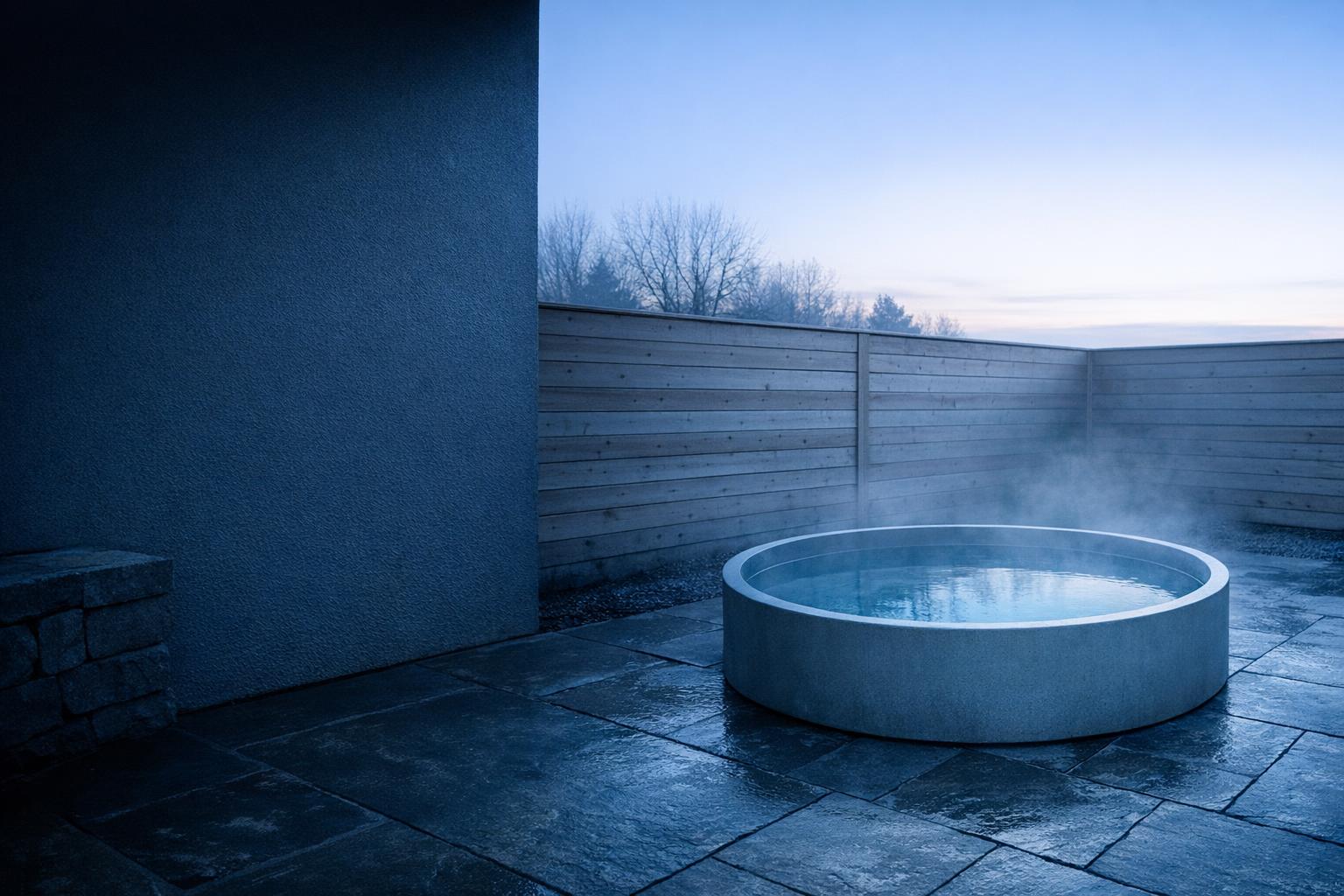 Compare cold plunge tubs by water capacity, footprint and what comes in the box. Keep standalone cooling machines separate from complete tub packages. AI-generated editorial illustration.